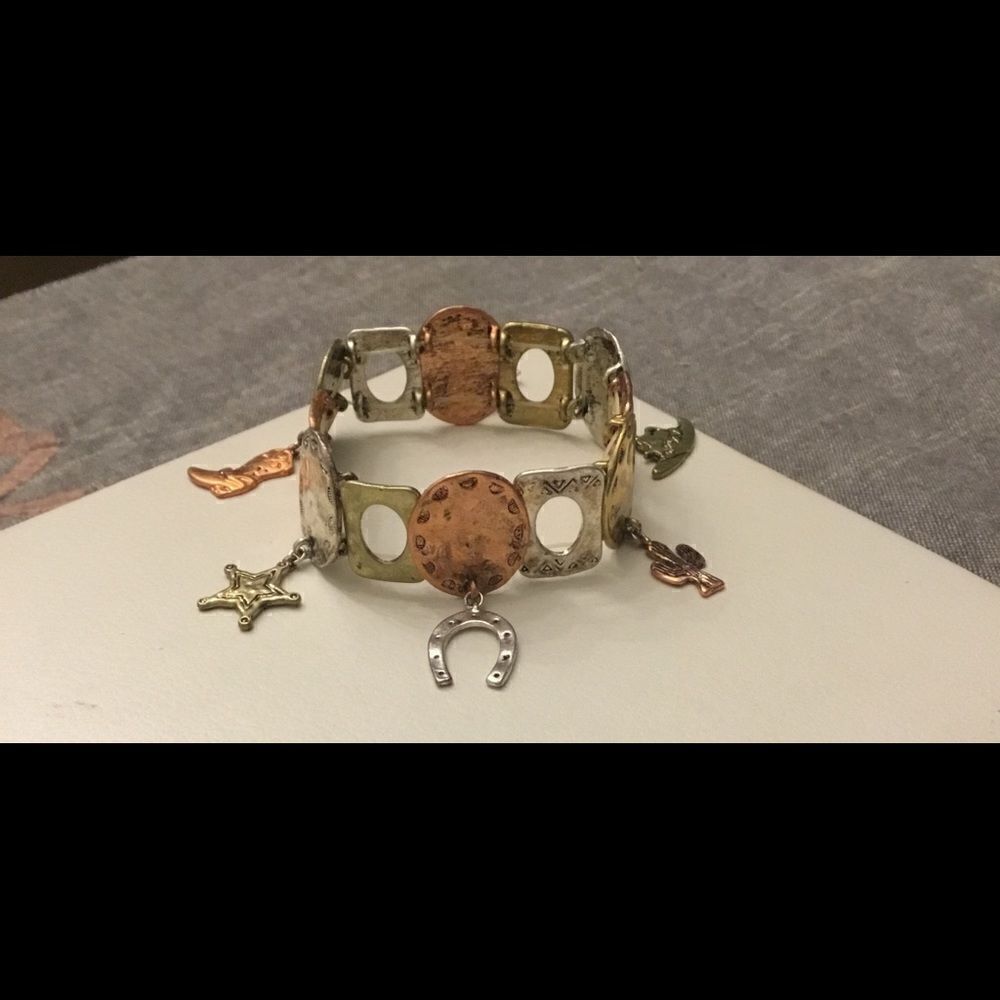 Tri Tone Western Theme Dangling Charm Bracelet
